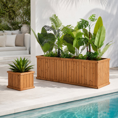 2-Piece Cedar Wood Outdoor Planter Box Set with Drainage, 15-Inch Square and 72-Inch Rectangular, Brown