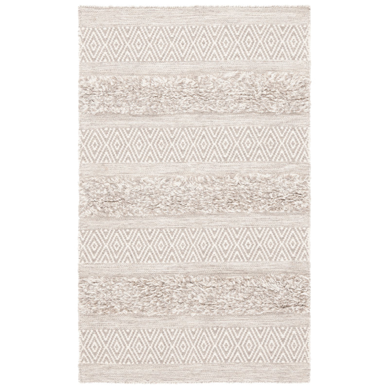 Vermont Hand Woven Wool/Cotton Striped Rug in Beige/Gray, Rectangle 3' x 5'