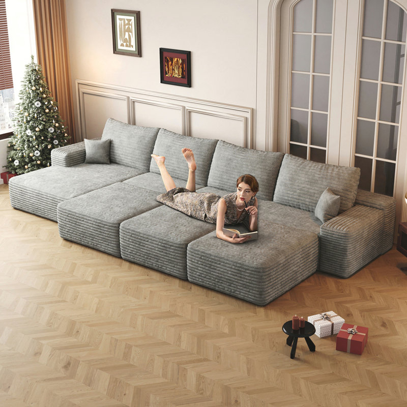 Canapé modulaire Boneless, Velours côtelé gris, Orienté à gauche (vu de face)