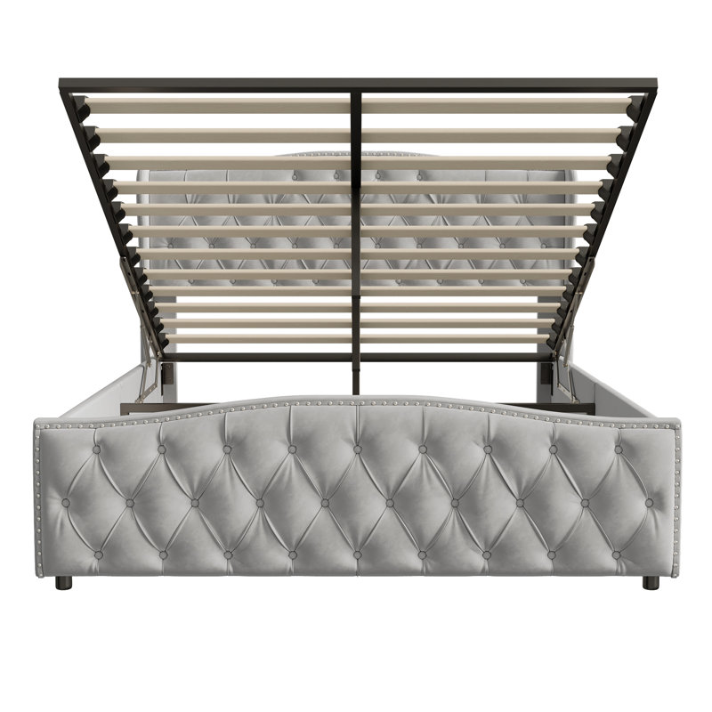 Velvet Ottoman Bed With Tufted Wingback & Nailhead Trim, Storage Bed Frame, European Double & King Size, Grey