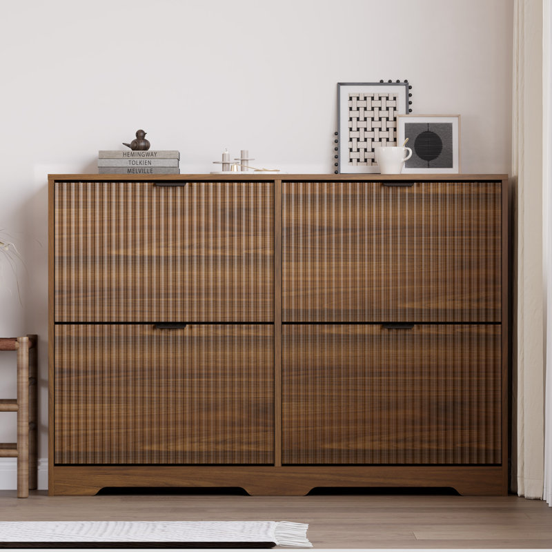 33-inch Wavy-Patterned Four-Door Shoe Cabinet with Grooved Flip-Top Drawers and Moisture-Resistant Countertop, Natural