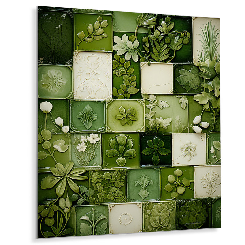 Botanicals Green Floral Tiles II - tuile abstraite, art mural en métal, H 20 po x l 12 po x P 1 po