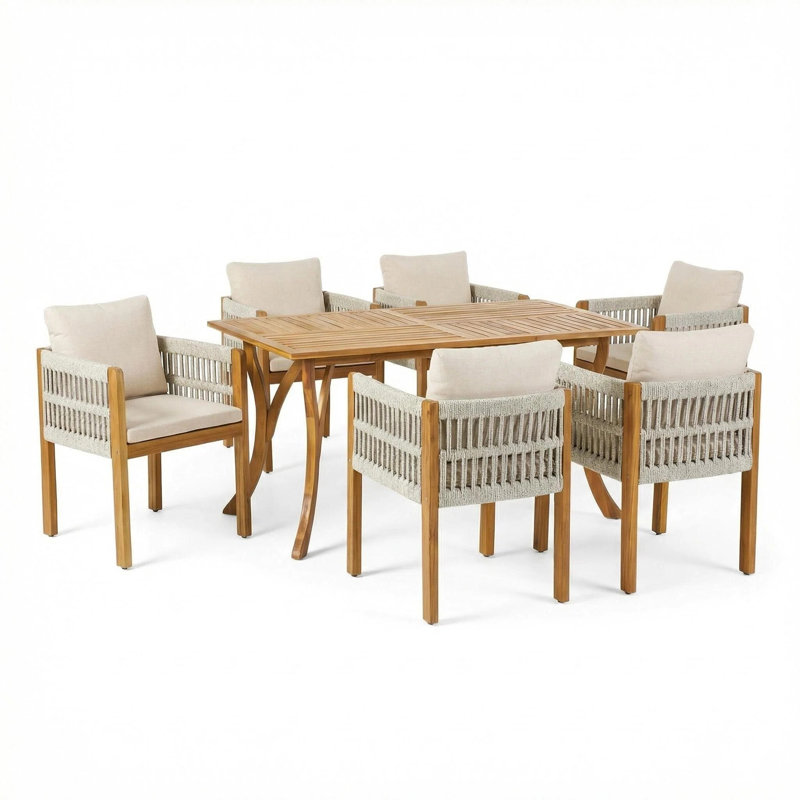 Brizio 7-Piece  Modern Coastal Acacia Wood Patio Dining Set With Rope-Wrapped Armchairs And 59" Slatted Rectangular Table