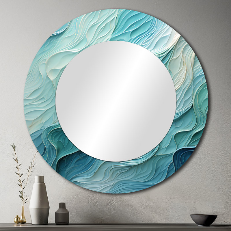 Turquoise bleu et blanc Serenity Swirl I - miroir unique à spirales abstraites, grand miroir mural rond bleu, impression d'art en métal
