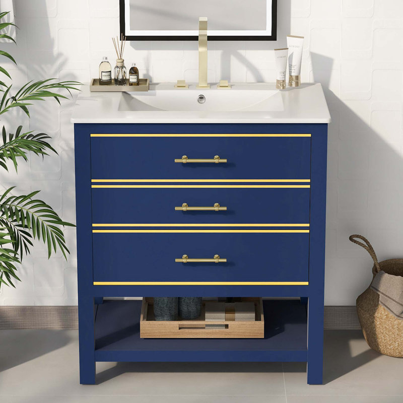 Armoire de meuble-lavabo moderne avec lavabo, ouverture ouverte et 2 tiroirs, Bleu
