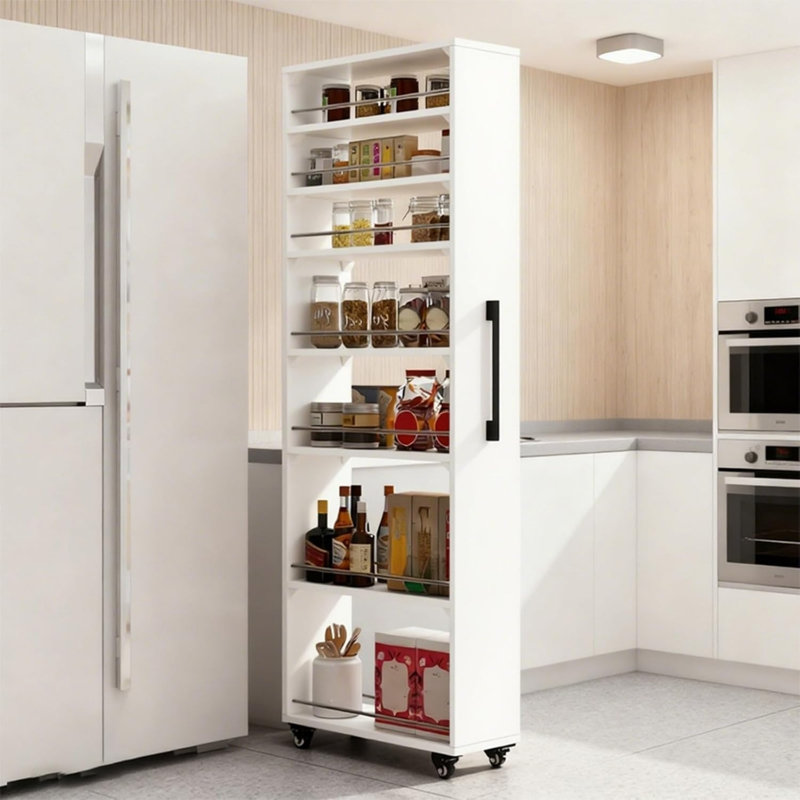 Armoire de rangement coulissante à 7 niveaux | Tablette multifonctionnelle ouverte à une face pour la cuisine et le salon | Conception mobile avec roulettes, parfaite pour les espaces restreints près des réfrigérateurs ou des armoires
