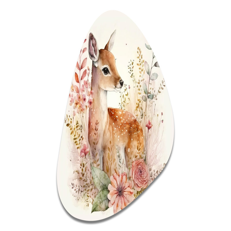 Mignon petit chevreuil avec fleurs roses - art animalier mural en forme d'automne, H 39 po x l 21 po