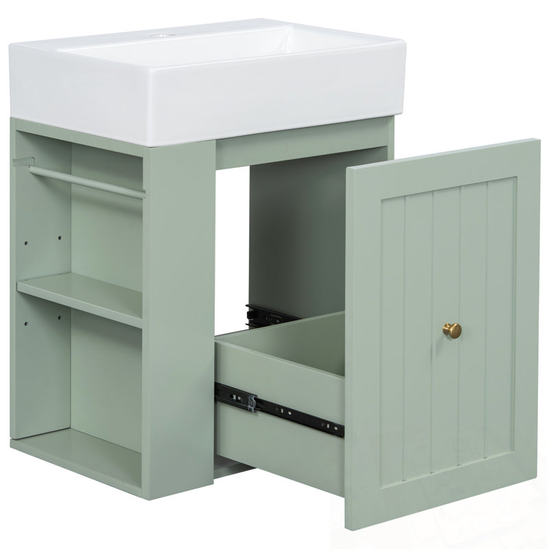 Meuble-lavabo mural avec lavabo et tablette latérale, Vert