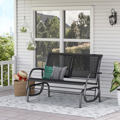 Front Yard Glider Chair , 2 Outdoor Double Swing Rocking Bench With Breathable Sling Fabric & Powder Coated Steel Frame, Black, 48.11"l X 27.5"w 33.5"h Chair, Patio Bench. Frame. Comfortable Fabric.