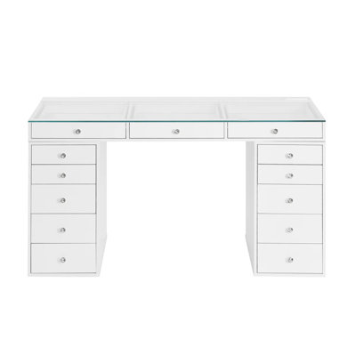 Slaystation Pro 2.0 Makeup Vanity Table With  13 Storage Drawers And Crystal Luxe Knobs, Clear Glass Top