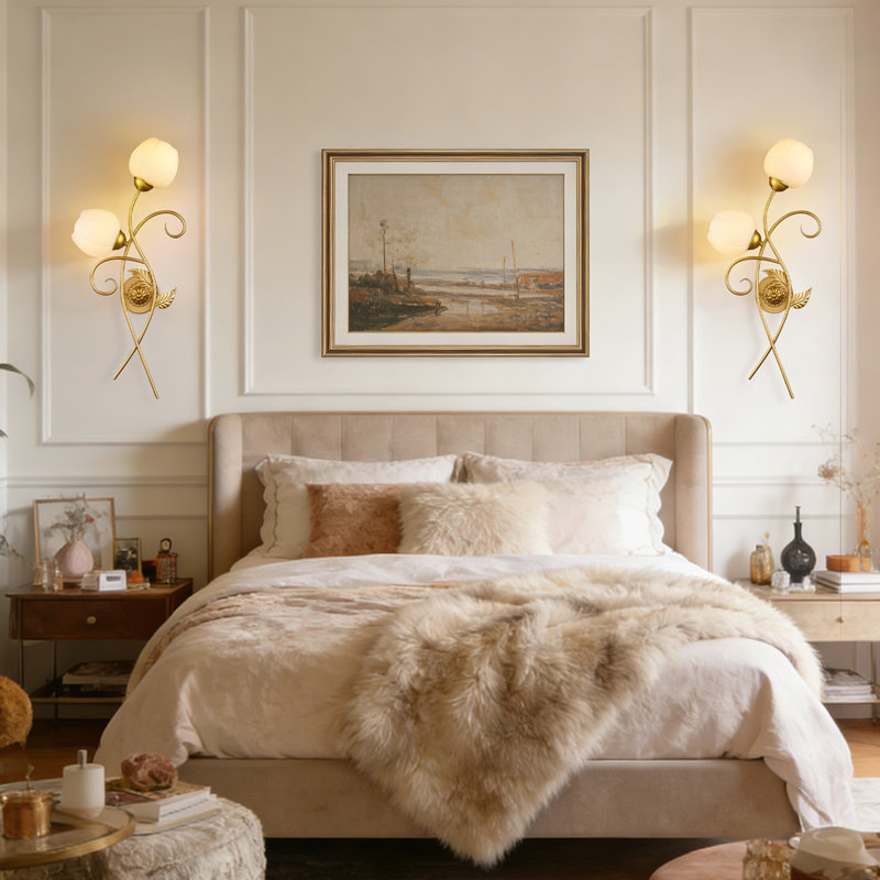 Gold 2-Light Floral Wall Sconce With Frosted Glass Shades