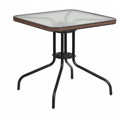Square Patio Table With Tempered Glass Top, Metal Frame, And Dark Brown Rattan-Style Edging, Outdoor Dining Accent Table For Garden, Balcony, Porch, Or Poolside Use