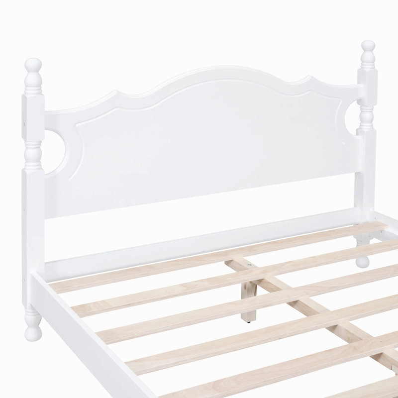 Structure de lit plateforme en bois, lit plateforme de style rétro avec support en lattes de bois, Blanc, Double