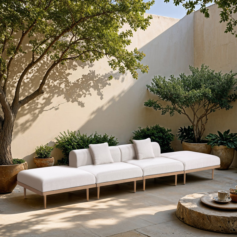 Madeleine 142" Resilient Water Resistant Olefin Fabric Upholstered 4Pc. Outdoor Patio Modular Sofa, Cream