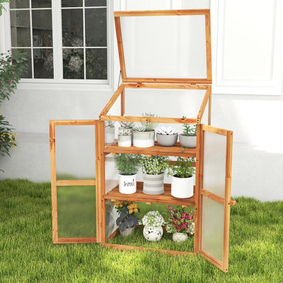 Mini Wooden Cold Frame Greenhouse Outdoor 3-Tier Raised Flower Planter Shelf