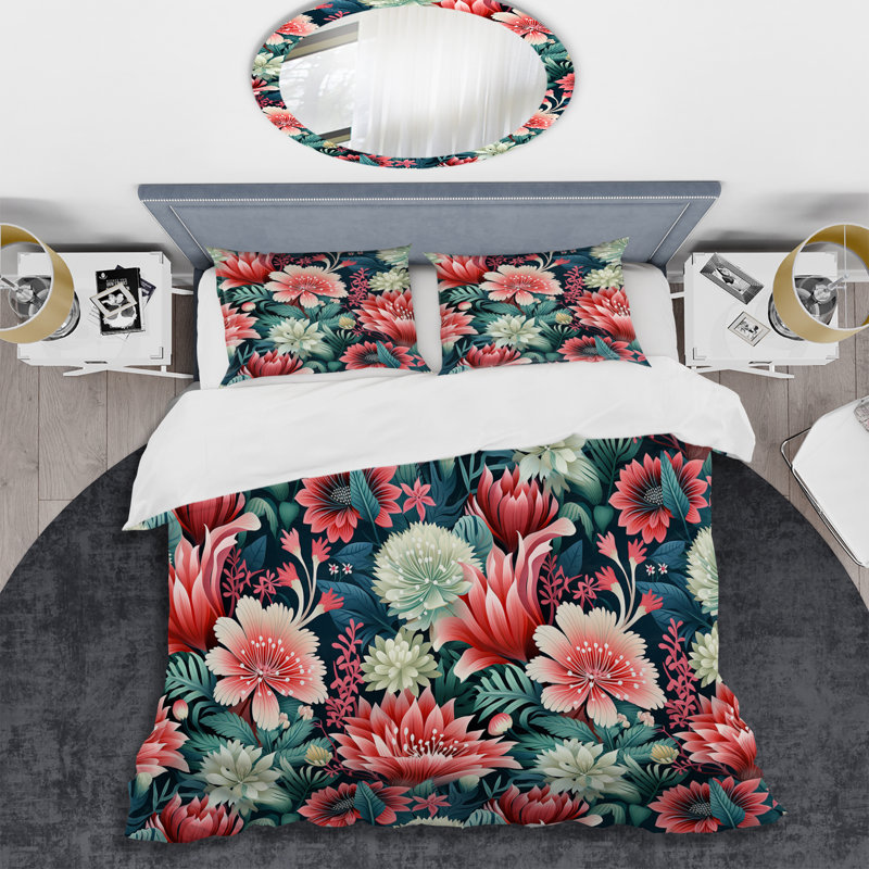 Ensemble de housse de couette rose et vert vibrant Coral Haven - Floral, Housse de couette pour très grand lit et 2 très