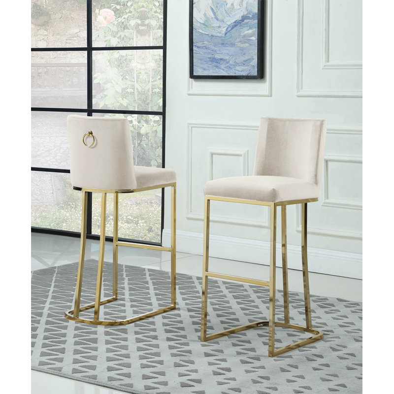 Aurrin Velvet Upholstered Bar & Counter Stool, Gold, Cream, Counter Stool (26” Seat Height)