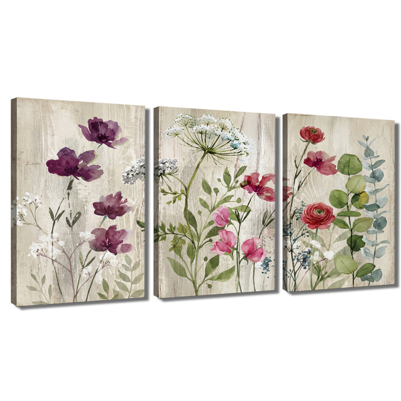 Aquarelle, fleurs sauvages sur bois - ensemble de 3 impressions sur toile, 20 * 30 pouces * 3