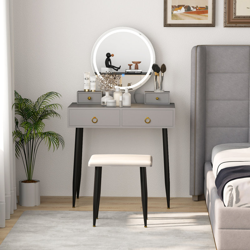 Ensemble coiffeuse et tabouret Ringold, Gris / noir