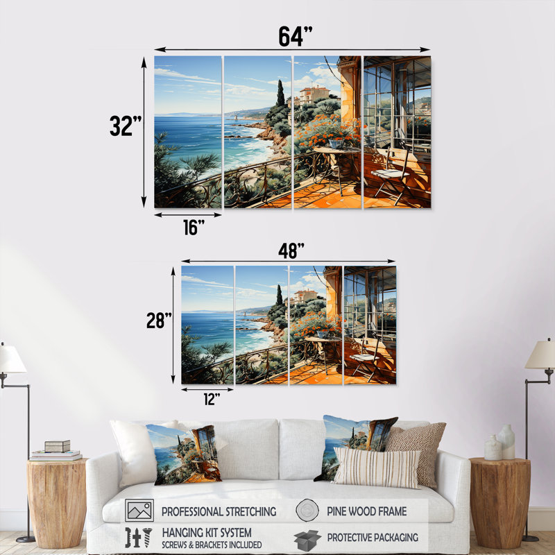 French Riviera Beach Reflections - Coastal Windows, art mural 4 pièces, H 28 po x l 48 po