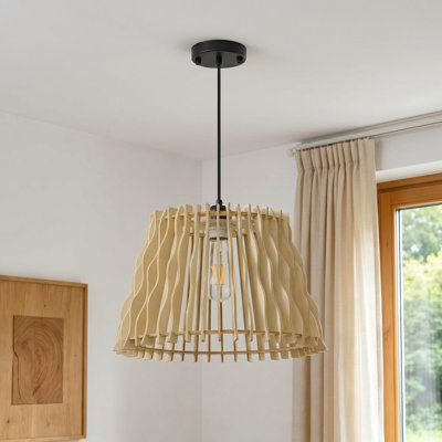 1 - Light Matte Black Wood Pendant Light Height Adjustable With Trapezoidal Natural Wooden Shade