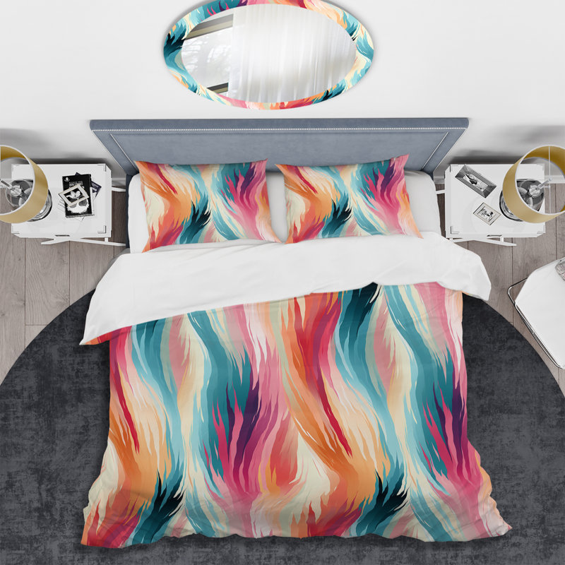 Turquoise And Pink Ethereal Ikat Fusion Box Stitch Abstract Duvet Cover, King Duvet Cover + 2 King Shams