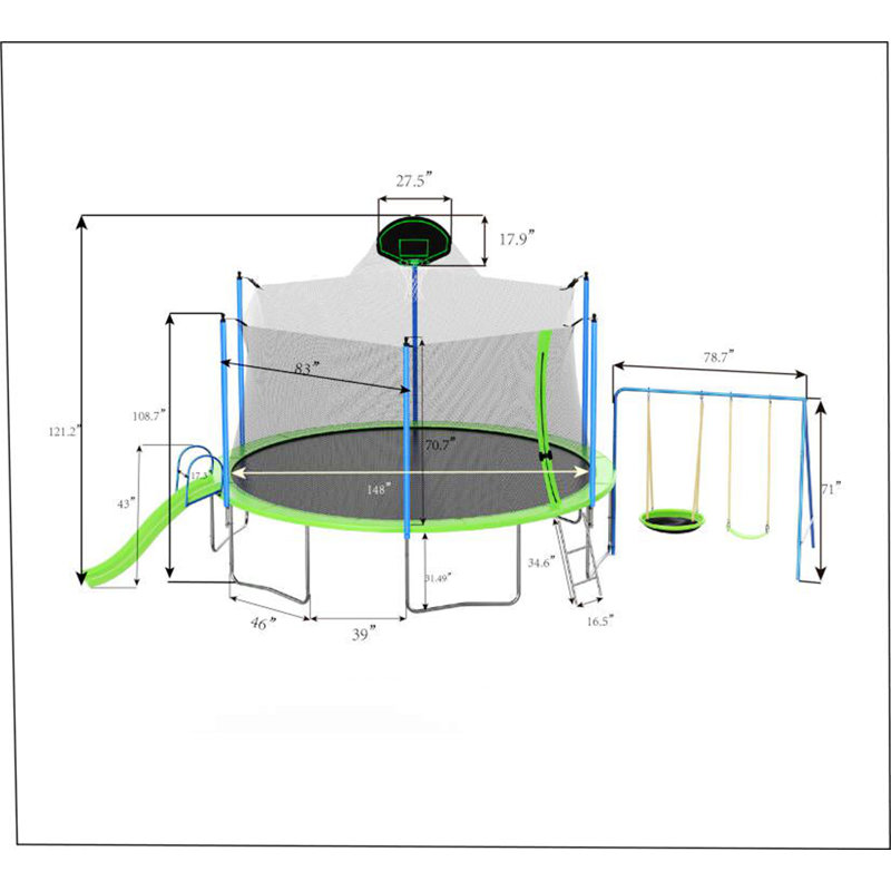 Trampoline with Slide and Swings with Basketball Hoop and Ladder with Net