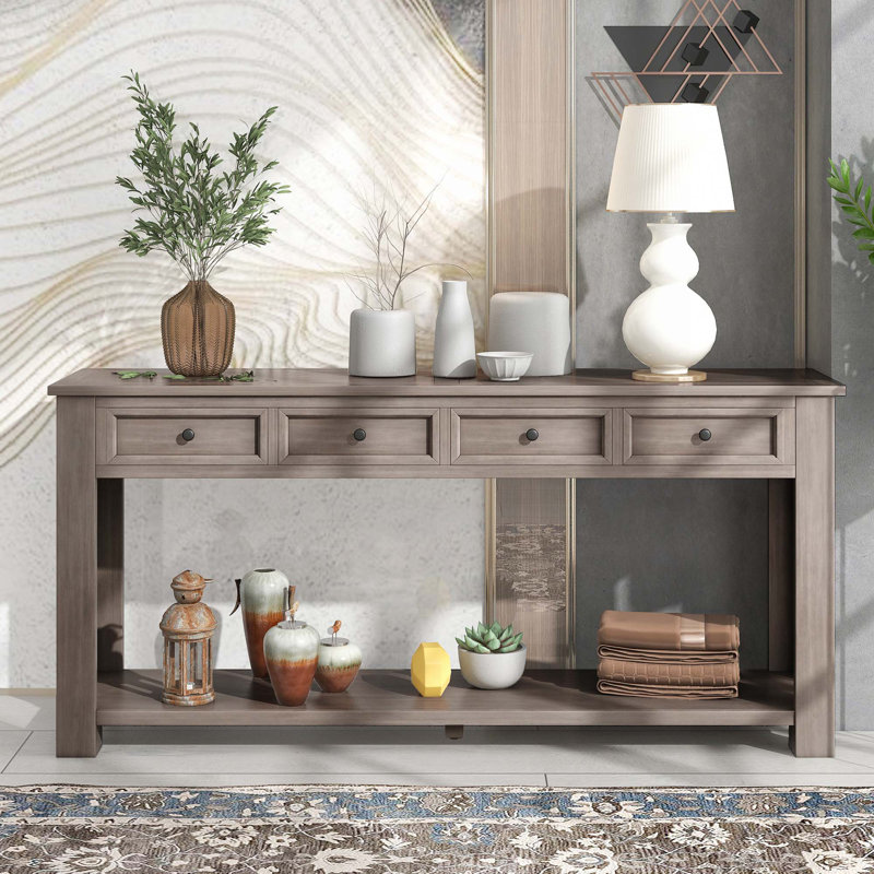 Console en bois avec tiroirs, tablette inférieure, Gris délavé