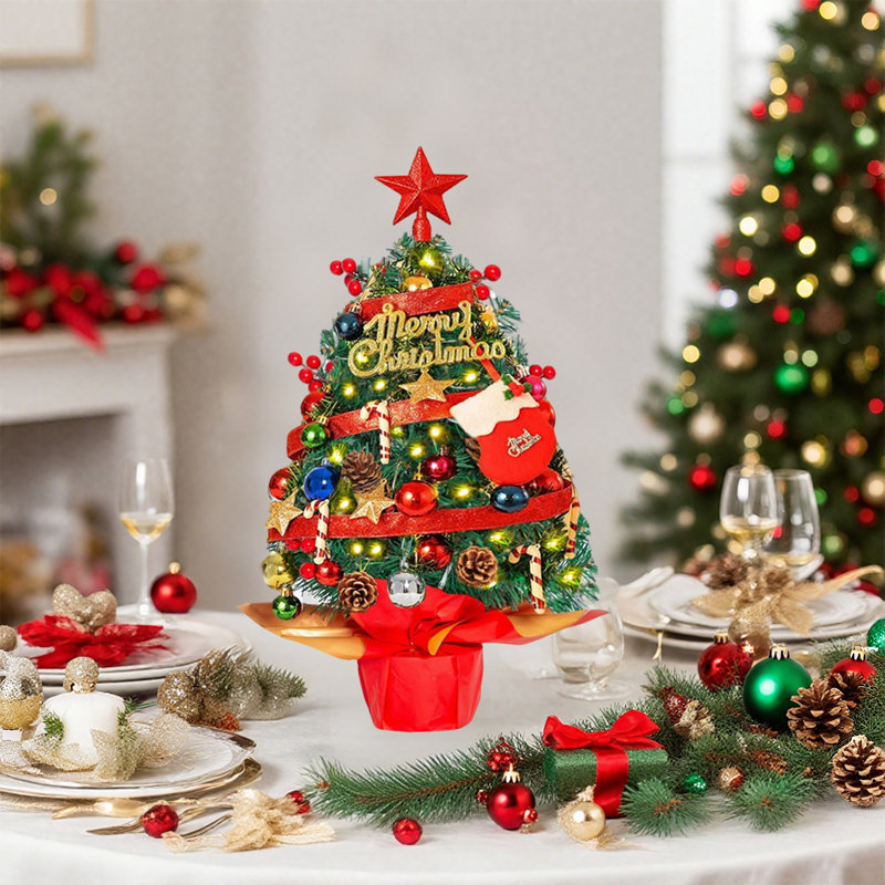 Arbre de Noël de table de 55 cm pour décoration de Noël, mini arbre de Noël artificiel avec décorations pour bureau, bureau, chambre à coucher ou fête