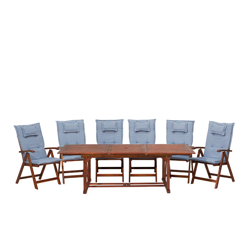 Meith 6 - Person Acacia Solid Wood Patio Dining Set Extendable Rectangular Table with Cushions Included, Brown