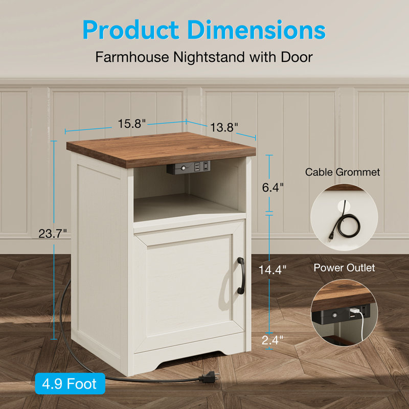 Farmhouse Nightstands With Large Open Shelf, Bedside Table With Enclosed Cabinet,tall Side Table With Built-in Power Outlets& Led Lighting， Rustic End Side Table With Durable Wood Construction(set Of 2)