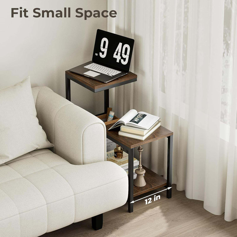 G-Shaped End Table - Small Side Table For Living Room, Bedside Table With Storage Shelf, Corner Tables For Small Spaces, Balcony, Couch, Bedroom, Rustic Brown
