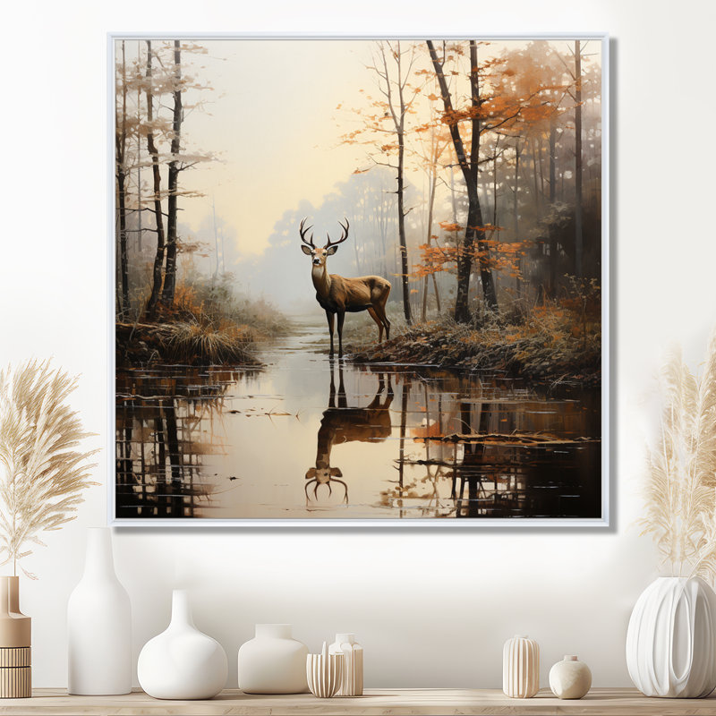 «Animal Deer Misty Morning II», impressions sur toile, H 16 po x l 16 po x P 1 po, Cadre flottant blanc