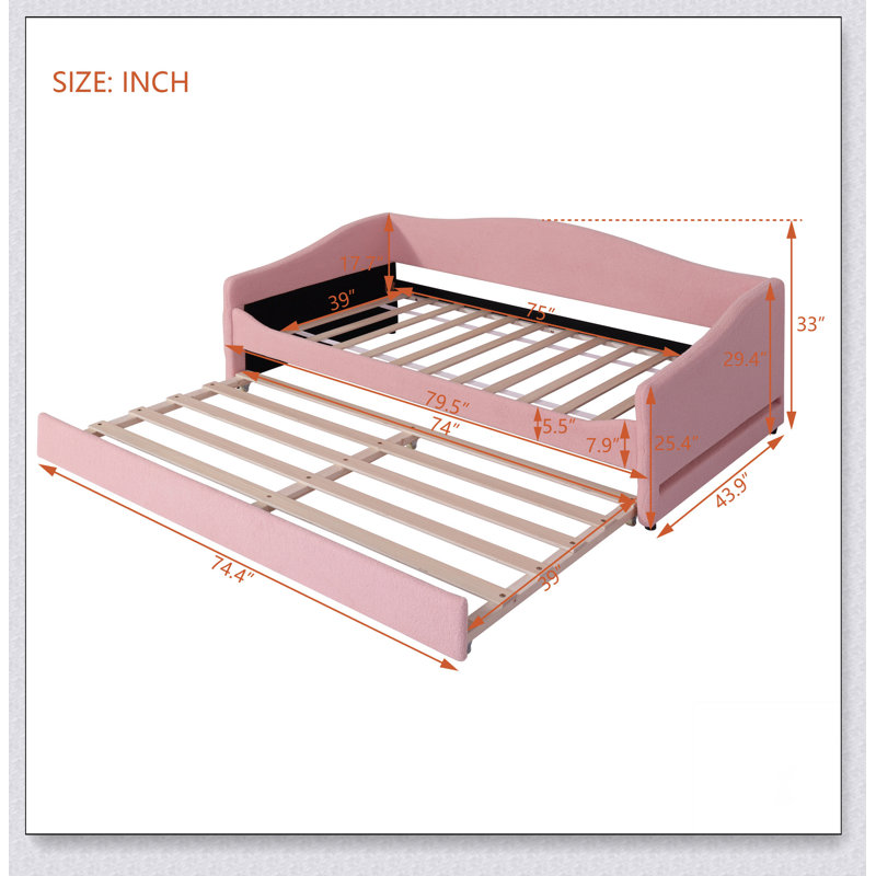 Upholstered Daybed With Light And Trundle, Twin, Pink