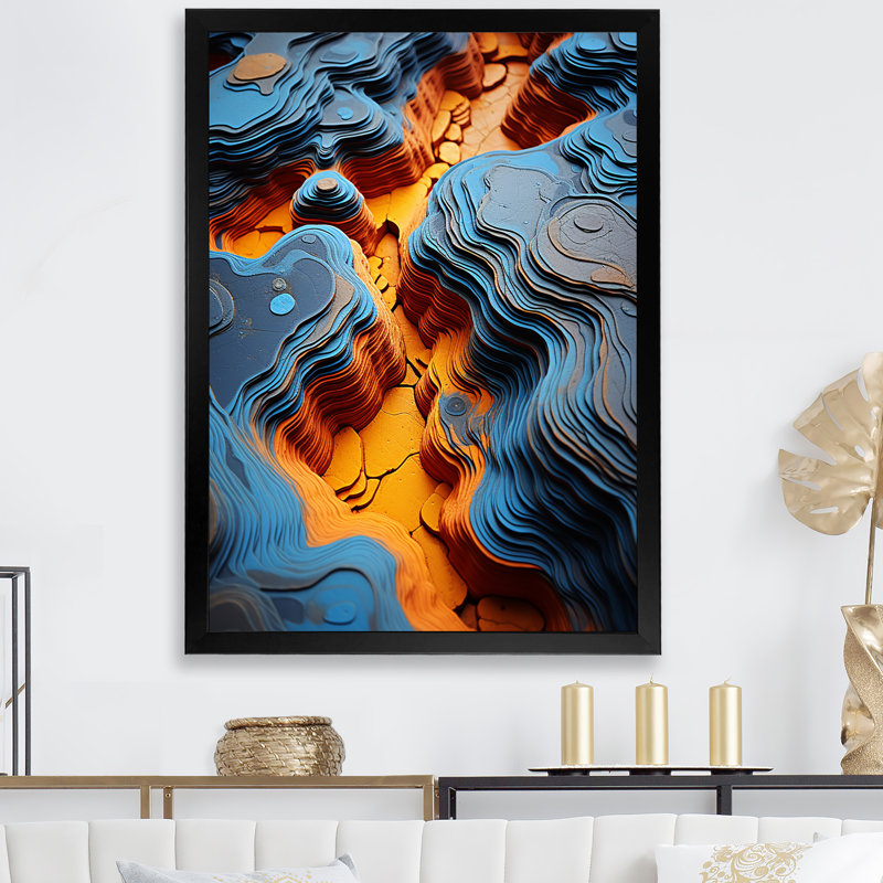 «Blue and Range River of Quartz - Stone Geode», art mural, Cadre simple noir, H 32 po x l 24 po x P 1 po