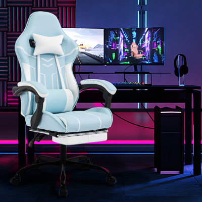 Fauteuil de jeu ergonomique en cuir bleu avec massage lombaire rotatif à 360 ° et siège réglable confortable, repose-pieds rétractable inclinable
