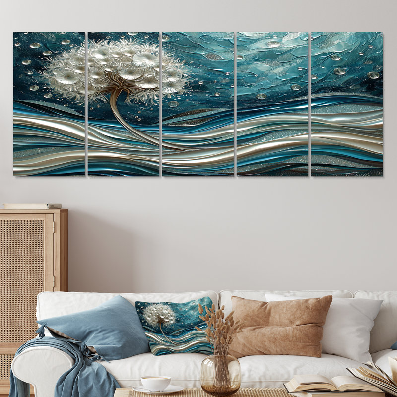 Pissenlit argenté dans des vagues de turquoise vibrantes - ensemble d'art mural pissenlit 5 pièces, H 32 po x l 80 po
