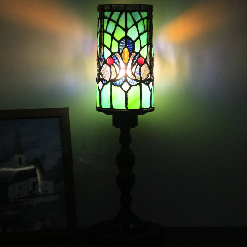 Small Tiffany Table Lamp Stained Glass Candlestick Style Table Light Green Liasion Style  4X15Inch