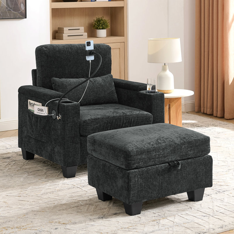 Canapé inclinable simple avec dossier réglable manuellement, port de charge USB, Noir