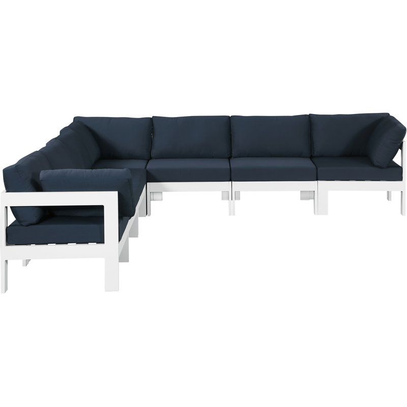 Berendina 120'' Wide Aluminum Patio Sectional with Cushions, White, Navy