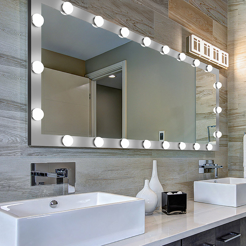 Miroir de salle de bain mural pour chambre double avec ampoules à DEL, Argent