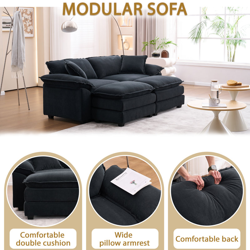 Ariaha 84.6'' Oversized Modular Combo Sofa with Ottoman, Black Velvet