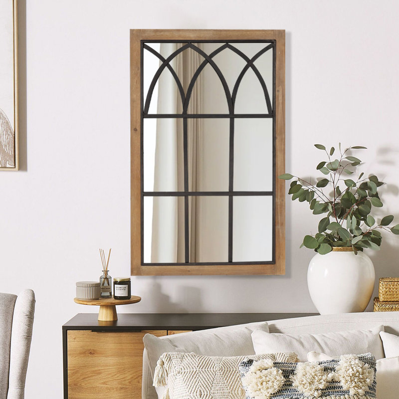 Arched Window Wall Mount Mirror, 37.5"h X 24"w, Brown
