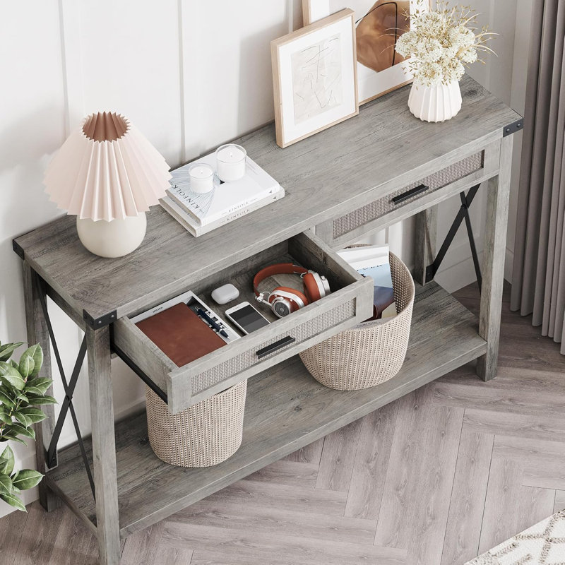 Farmhouse Entryway Table With Rattan Drawers, Console Table For Entryway, 43" Wood Sofa Table With Storage Living Room, Hallway