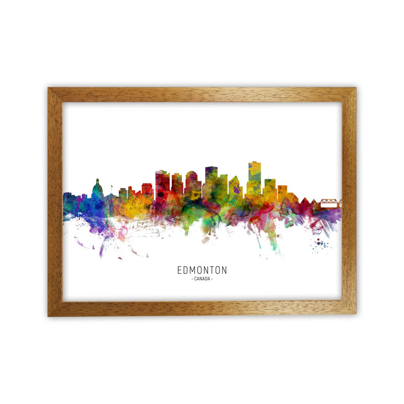 Edmonton Canada Skyline by Michael Tompsett - Print, Brown Framed, 34cm H x 46cm W x 3cm D