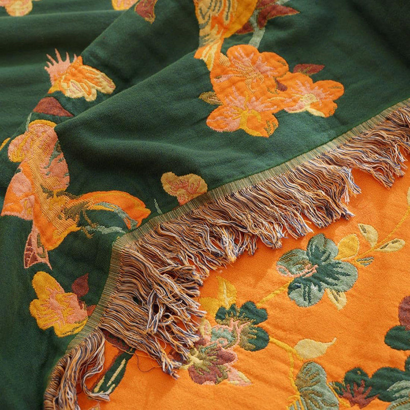 Housse de couette 100% coton DONEUS Boho, Lit double, Vert / motif floral orange
