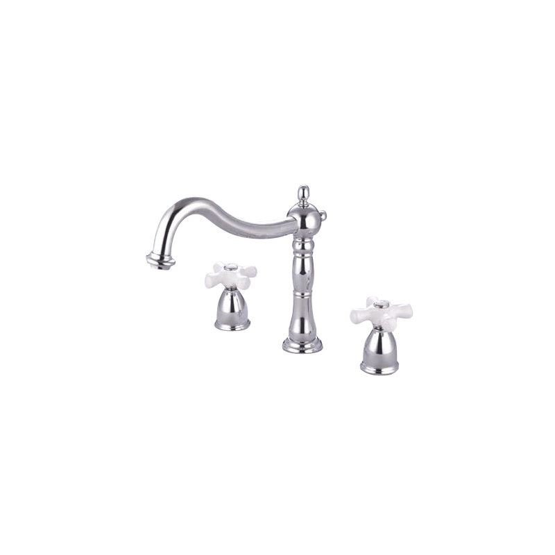 Heritage Double Handle Deck Mounted Roman Tub Faucet, Polished Chrome, Cross