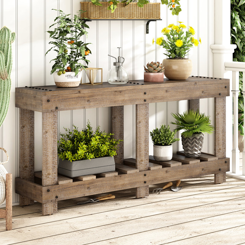 Vintage Style Entryway Table, Fir Wood, 6 Reinforced Legs, 4.5" Thick Desktop, Metal Embellishments, Hallway, Living Room, Storage Shelf Solid Strong Tabletop, Decorative Rivets, Space - Saving