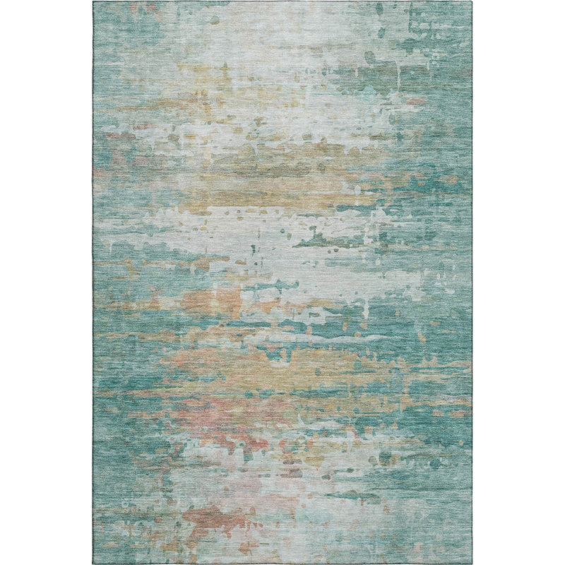Premium Machine Washable Mayfield AMF2034 Abstract Rug, Teal, 2'6" x 3'10"