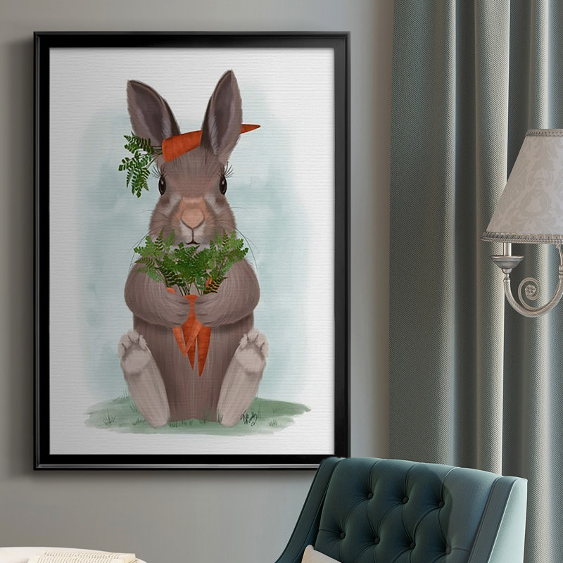 Lapin, carotte, étreinte sur papier, H 42,5 po x l 30,5 po x P 1 po, Cadre noir